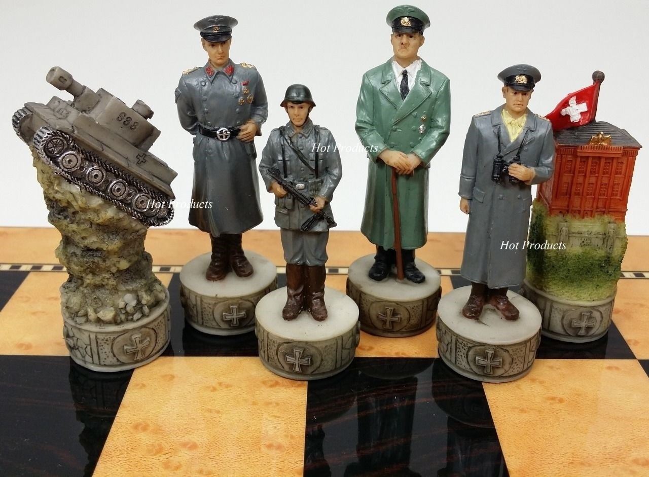 WW2 US GERMANY Chess Set W 18" WALNUT & BIRDSEYE MAPLE Color Board World War 2