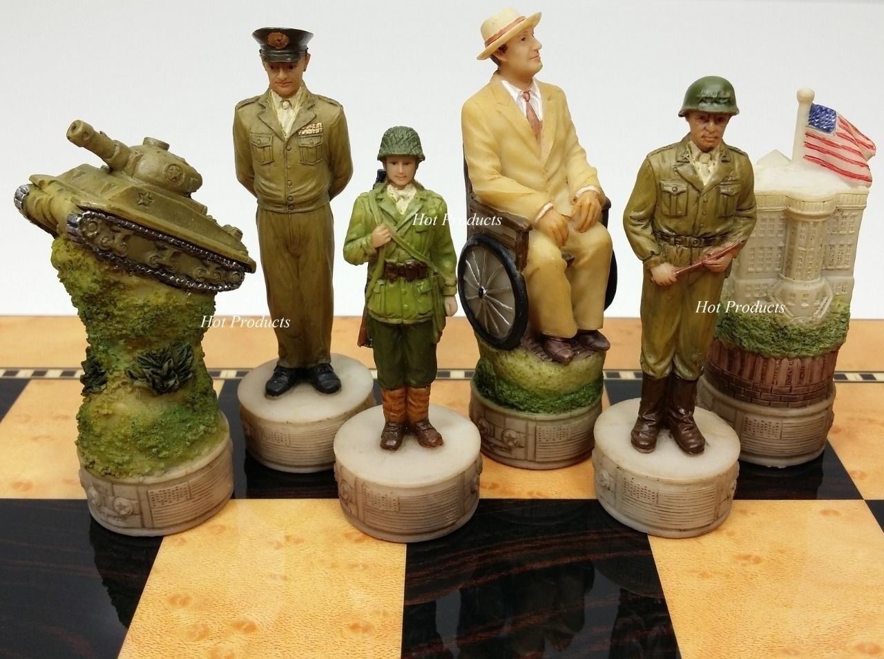 WW2 US GERMANY Chess Set W 18" WALNUT & BIRDSEYE MAPLE Color Board World War 2