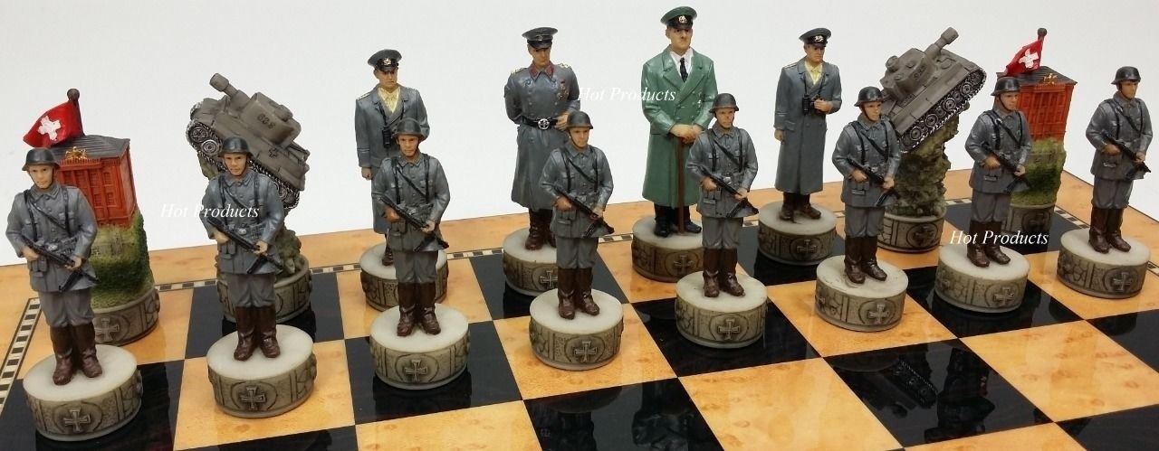 WW2 US GERMANY Chess Set W 18" WALNUT & BIRDSEYE MAPLE Color Board World War 2