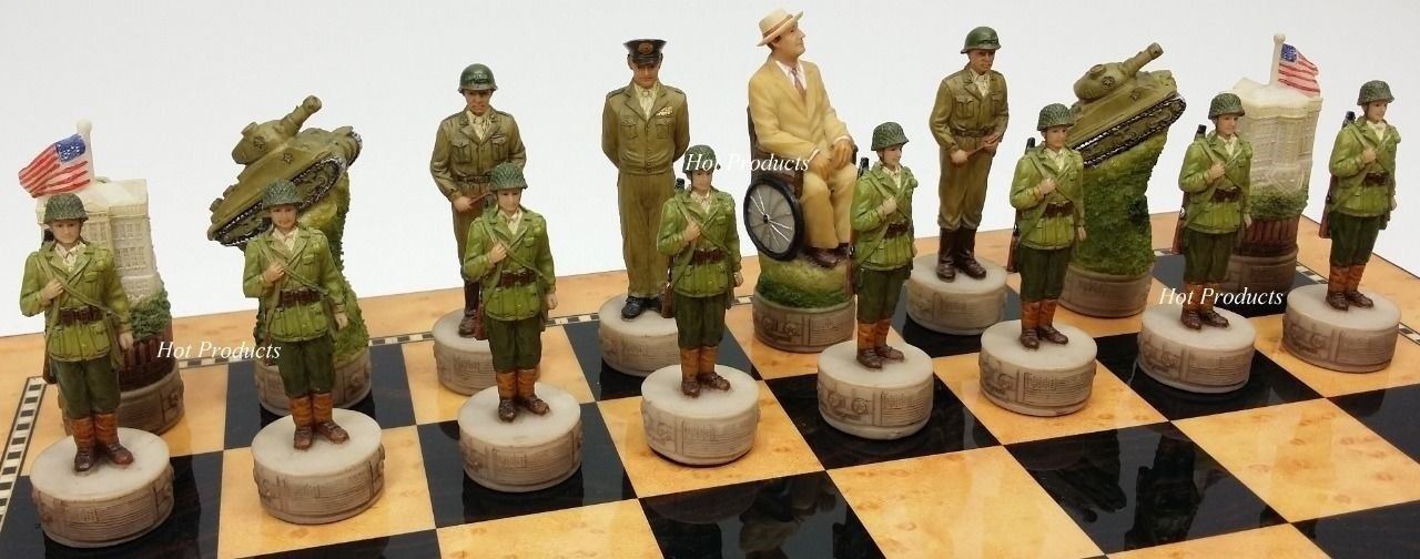 WW2 US GERMANY Chess Set W 18" WALNUT & BIRDSEYE MAPLE Color Board World War 2