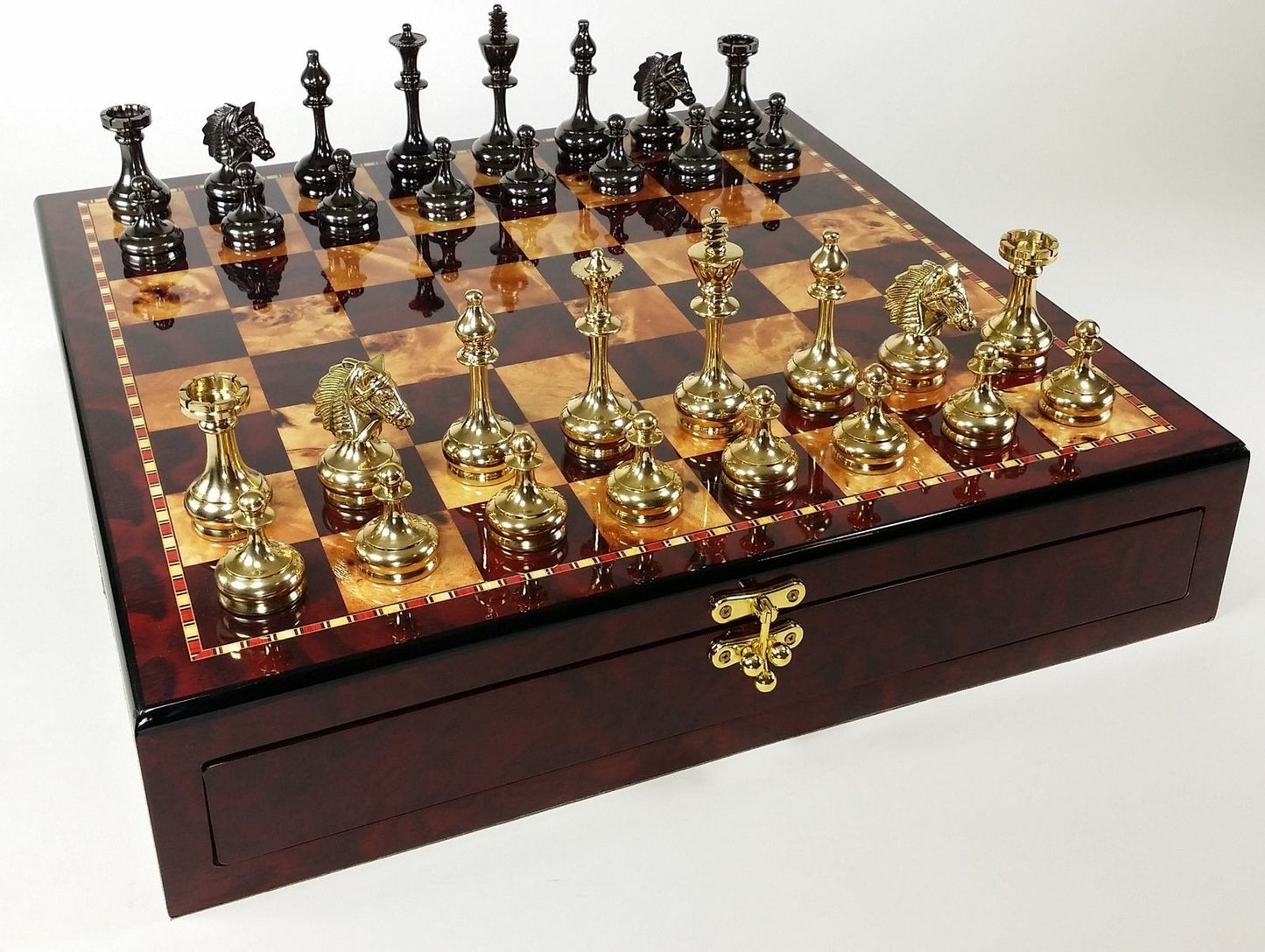 BRASS Black Gold Staunton Bridled Knight Chess Set Cherry Color Storage Board