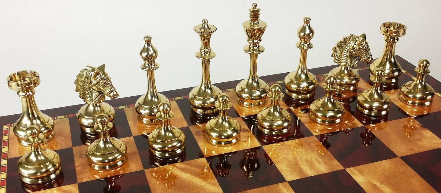 BRASS Black Gold Staunton Bridled Knight Chess Set Cherry Color Storage Board