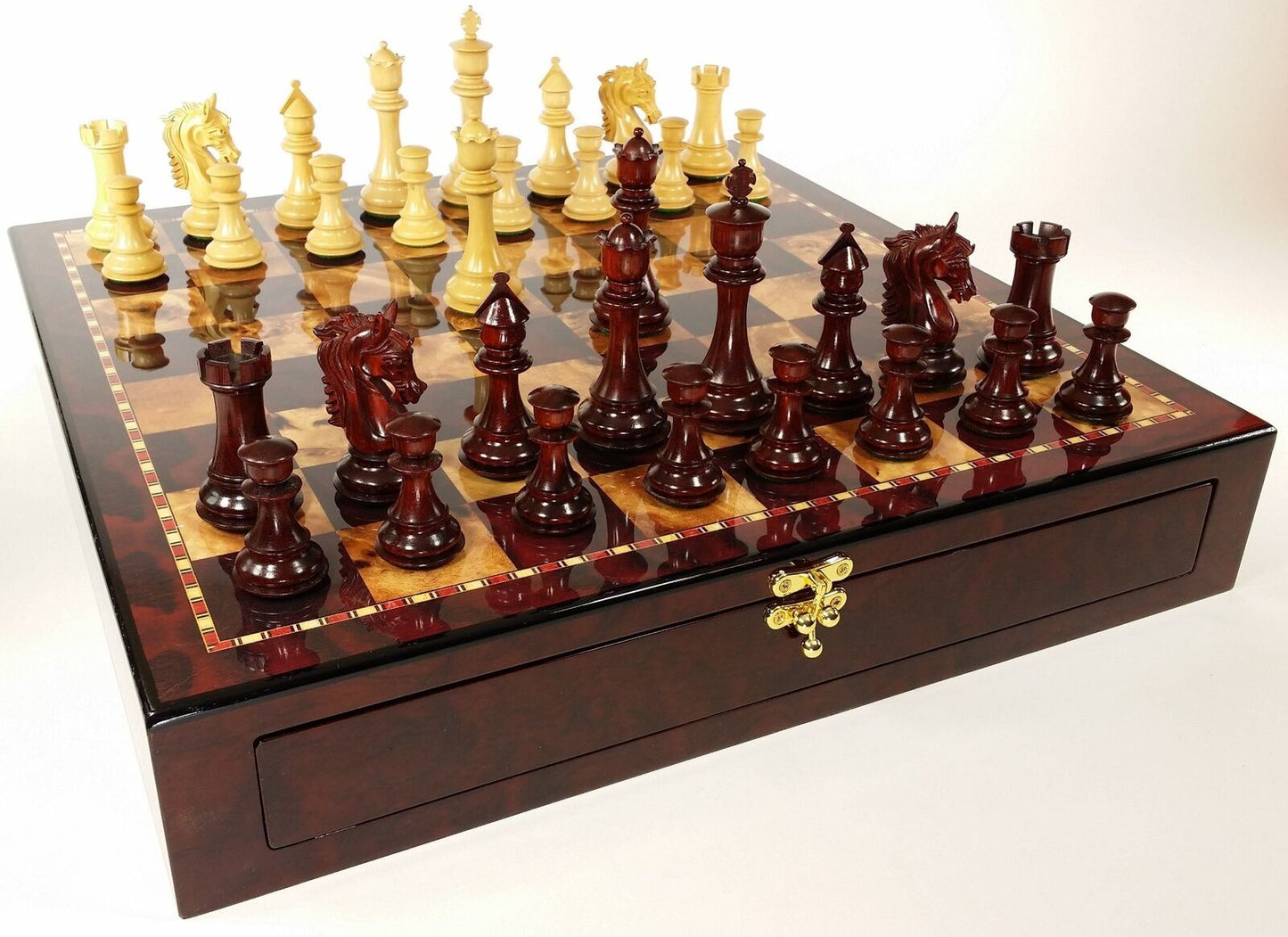 BLOOD ROSEWOOD STALLION KNIGHT Large Staunton Chess Set Cherry Color STORAGE Brd