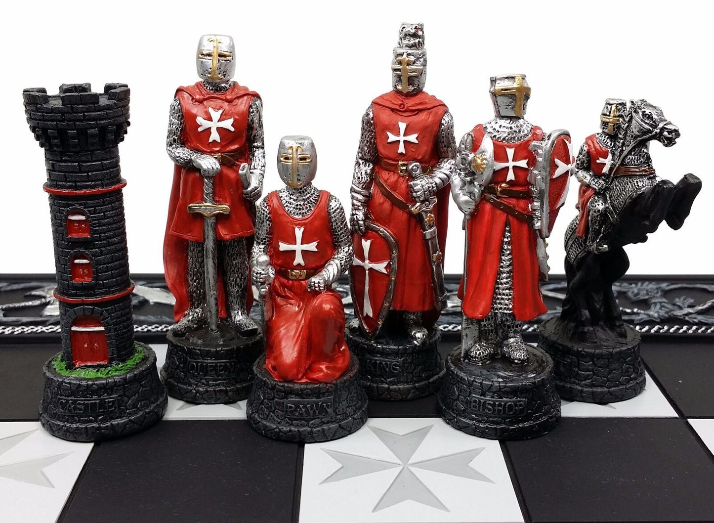Medieval Times Crusades Red & White Armored Maltese Knights Chess Set 17" Board