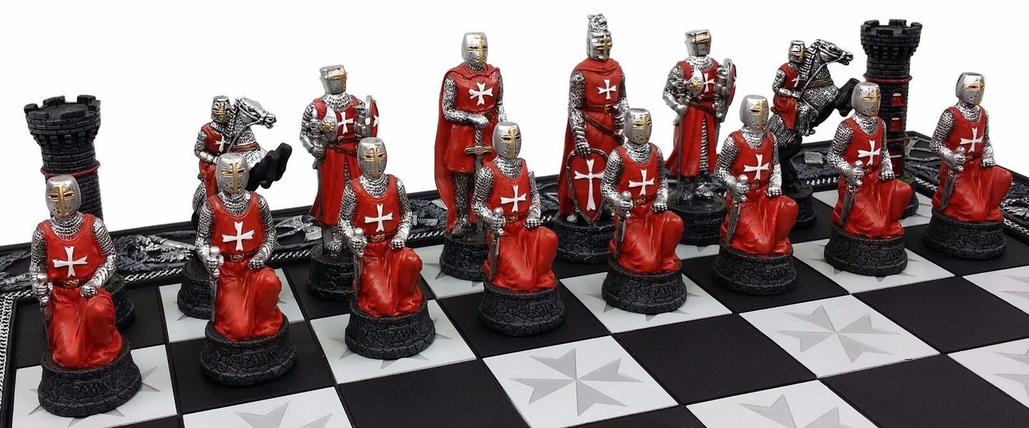 Medieval Times Crusades Red & White Armored Maltese Knights Chess Set 17" Board