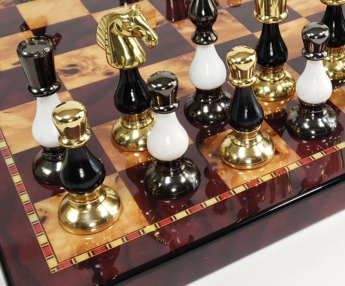 LARGE Brass Metal Gold Black Spike Staunton Chess Set 18" Cherry Color Board