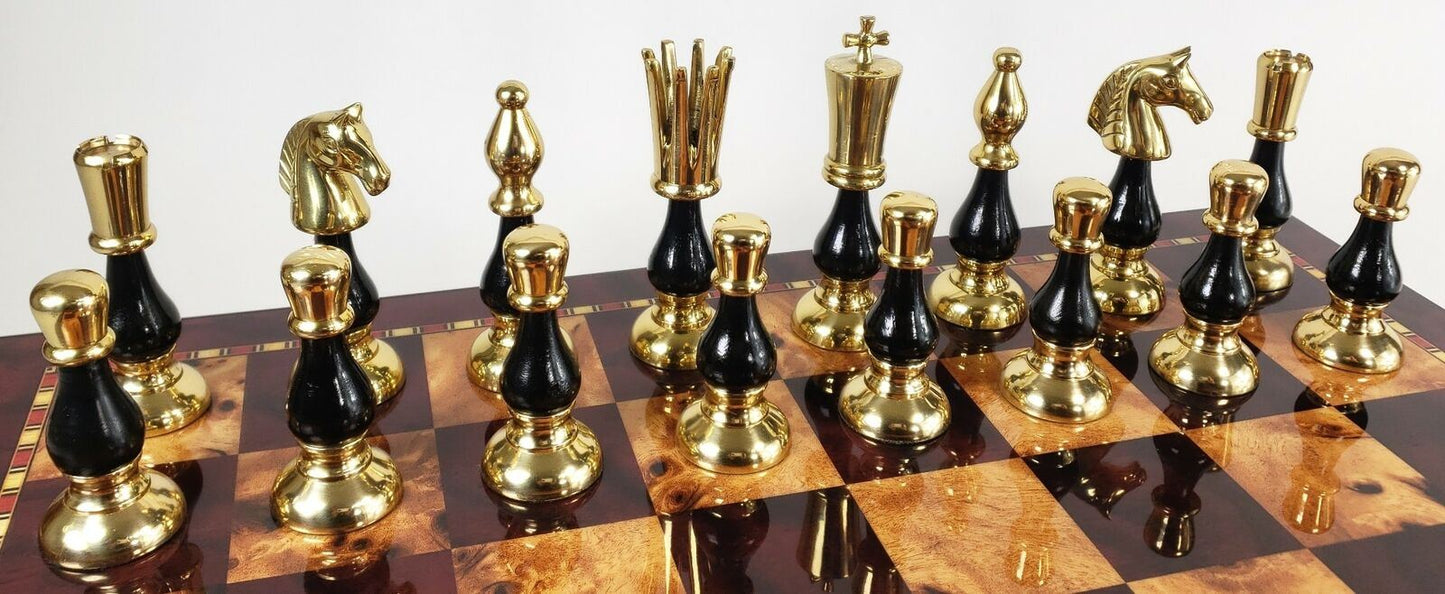 LARGE Brass Metal Gold Black Spike Staunton Chess Set 18" Cherry Color Board