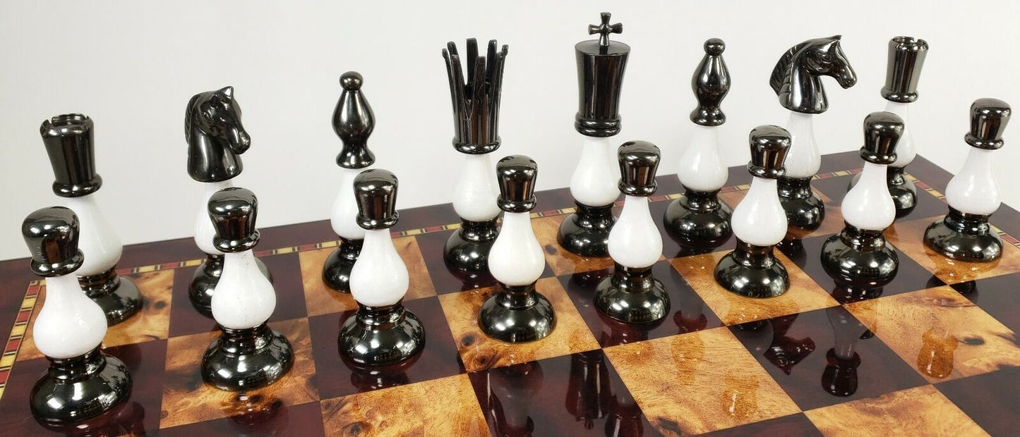 LARGE Brass Metal Gold Black Spike Staunton Chess Set 18" Cherry Color Board