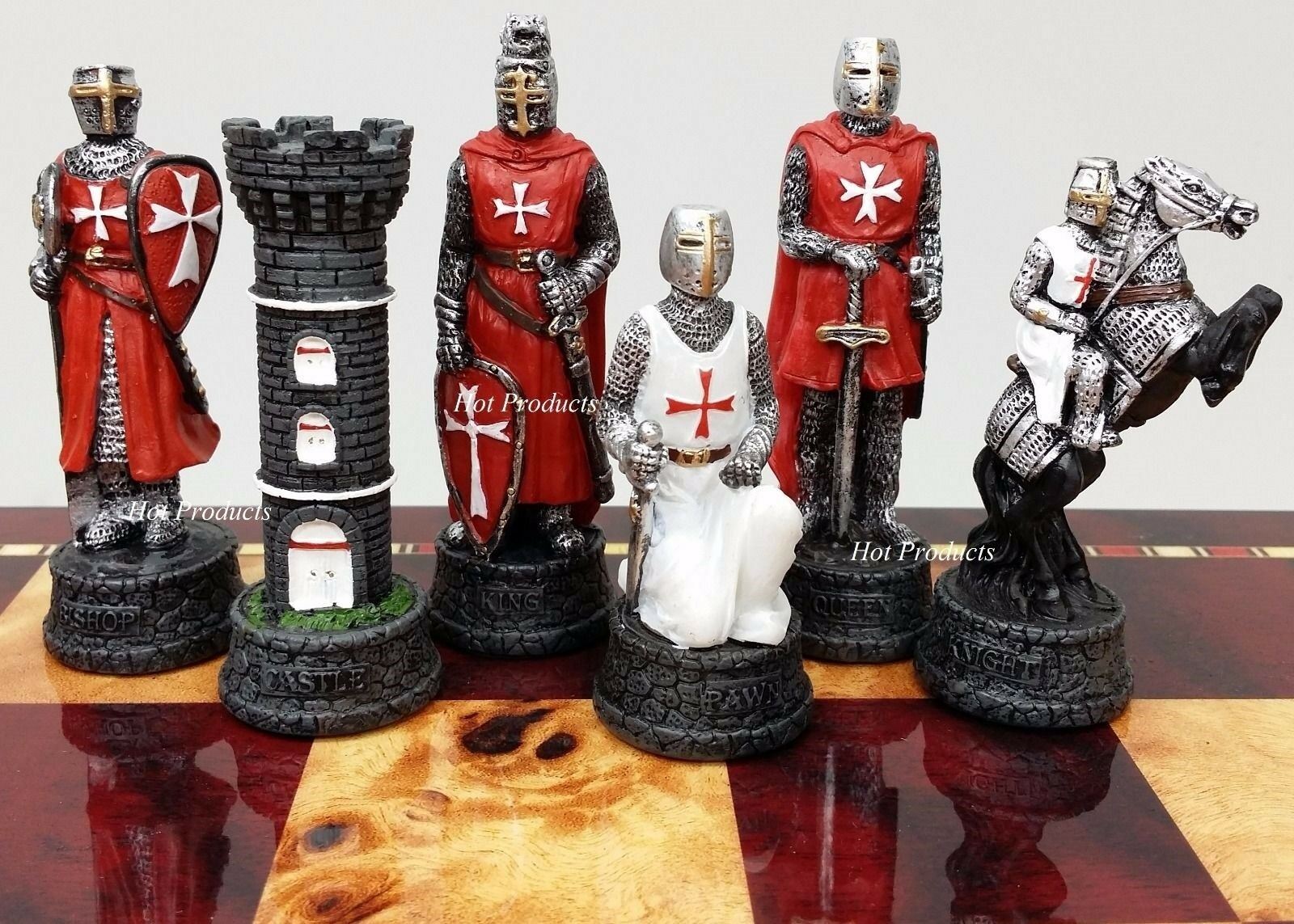 Medieval Times Crusades Maltese Armored Knight RED WHITE Chess Men Set NO  Board