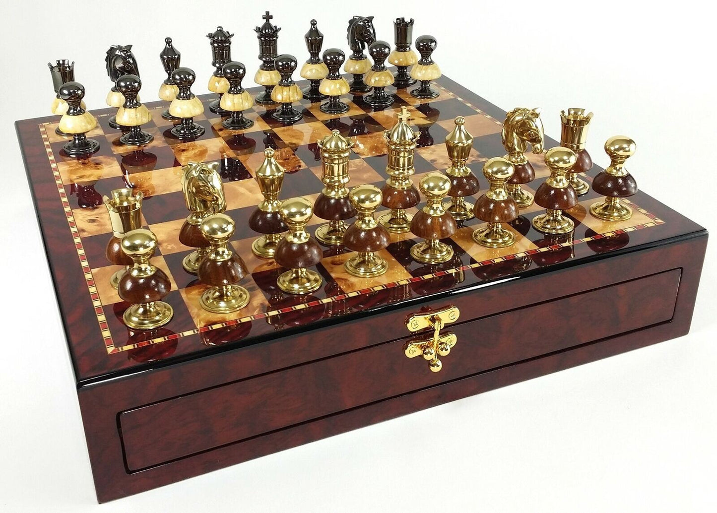 Brass Metal Gold & Black Royal Staunton Chess Set Cherry Color 17"Storage Board