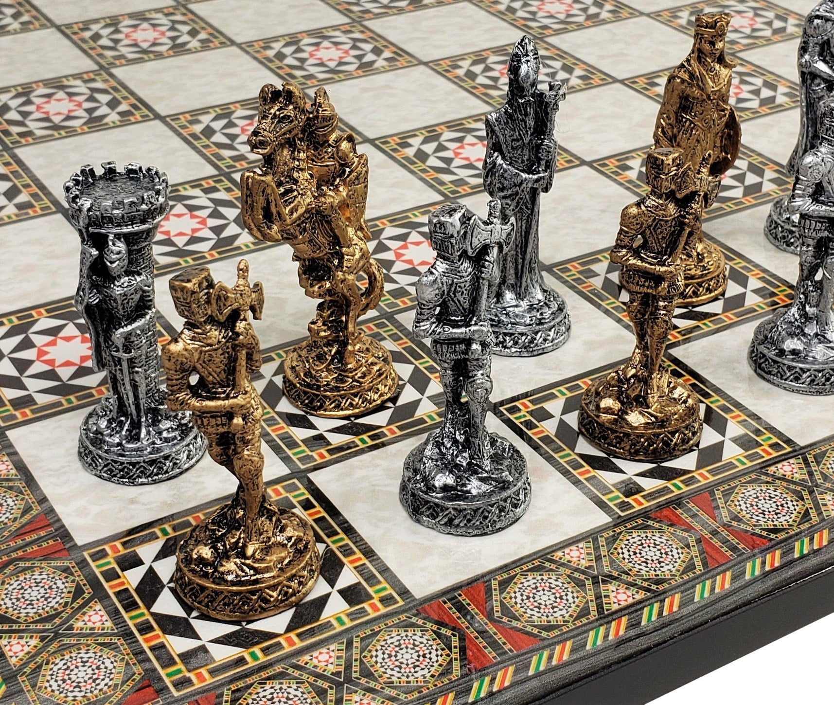 Medieval Times Knight Pewter Metal Chess Set Antique Finish W 17 Castle  Board
