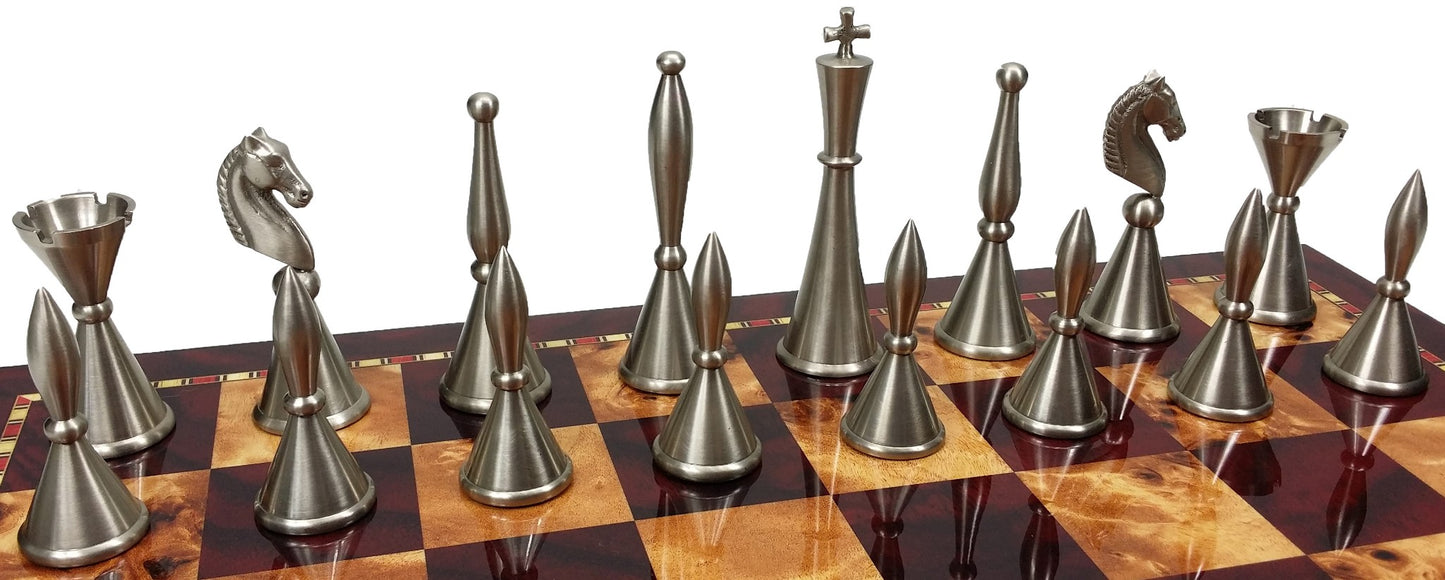 Real Brass Metal Modern Art Deco Staunton Chess Set 18" Cherry Color Board