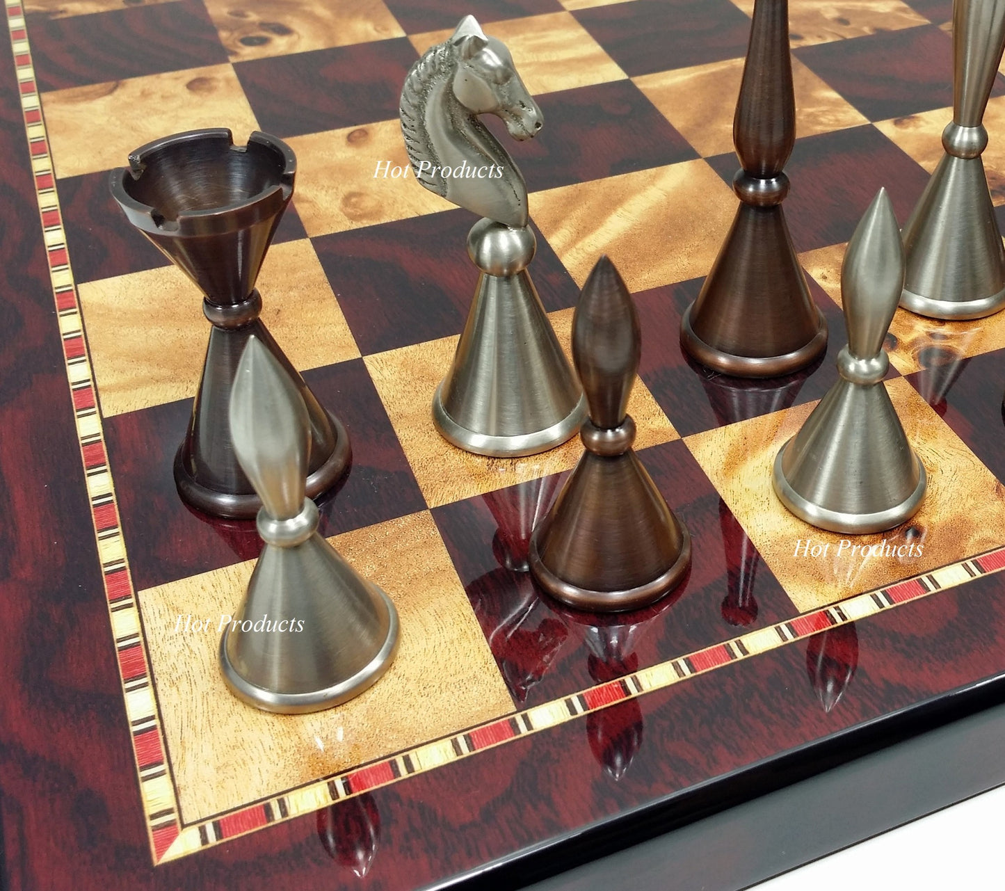 Real Brass Metal Modern Art Deco Staunton Chess Set 18" Cherry Color Board