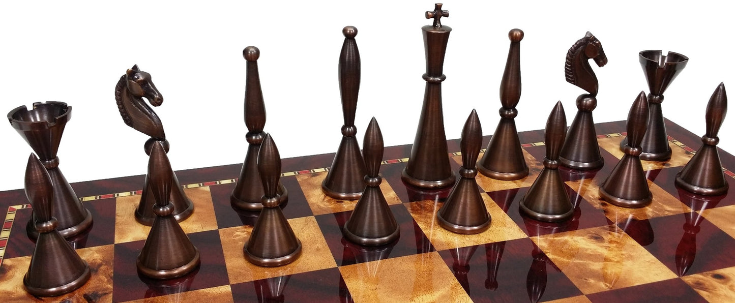 Real Brass Metal Modern Art Deco Staunton Chess Set 18" Cherry Color Board
