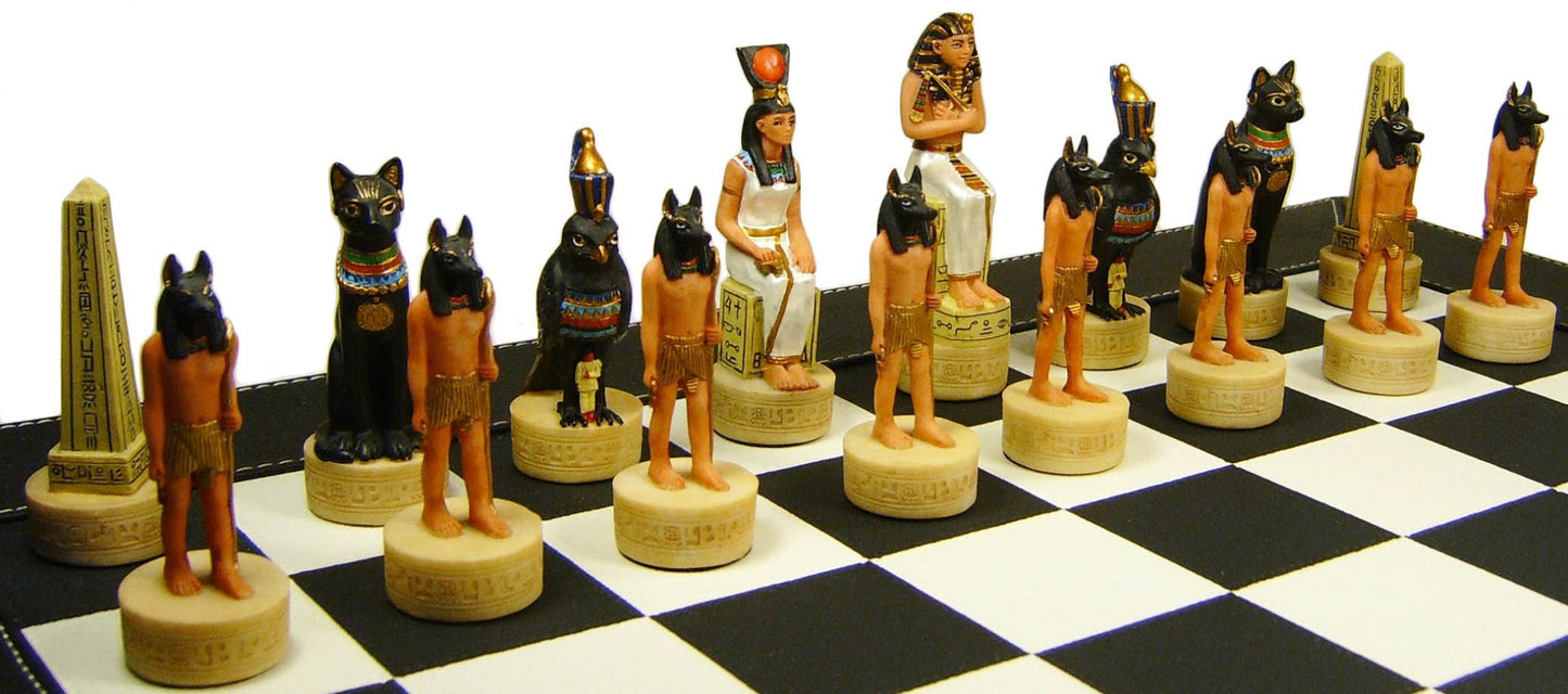Egyptian Anubis Gold & Buff Chess Set with 18" Black & White Faux Leather Board