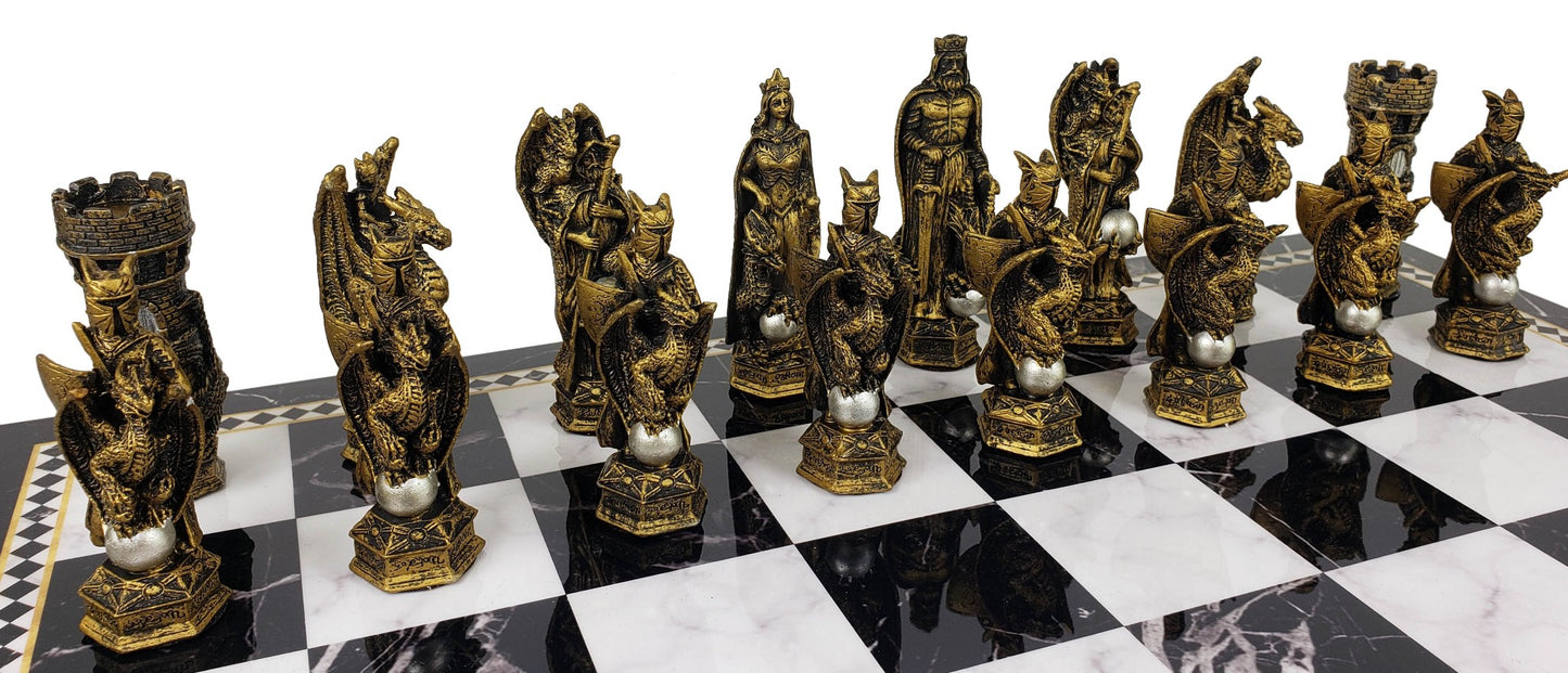Medieval Times King Arthur Dragon Fantasy Chess Set Faux Marble Storage Board
