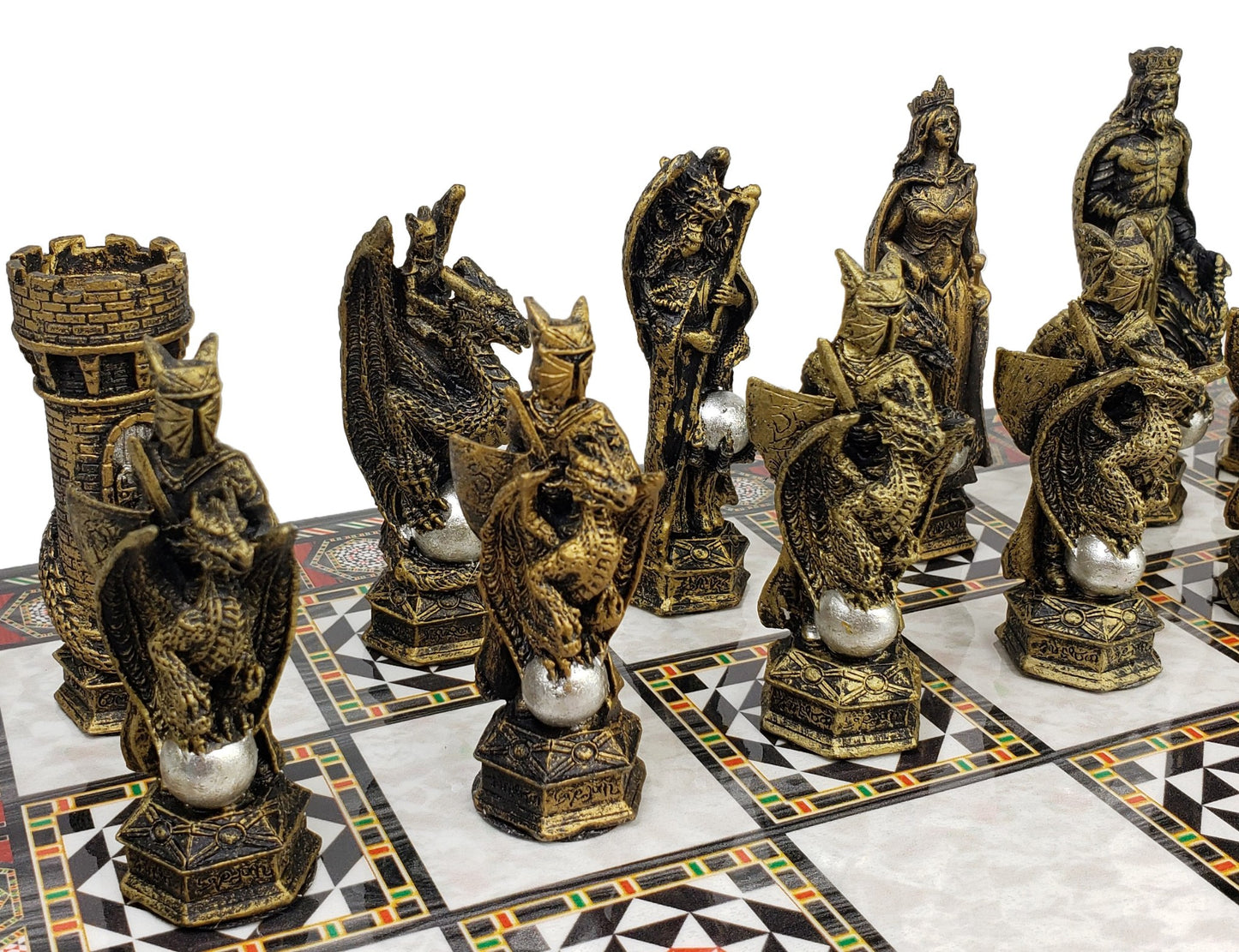 King Arthur KNIGHTS DRAGON Medieval Times Chess Set W 17" Mosaic Color Board