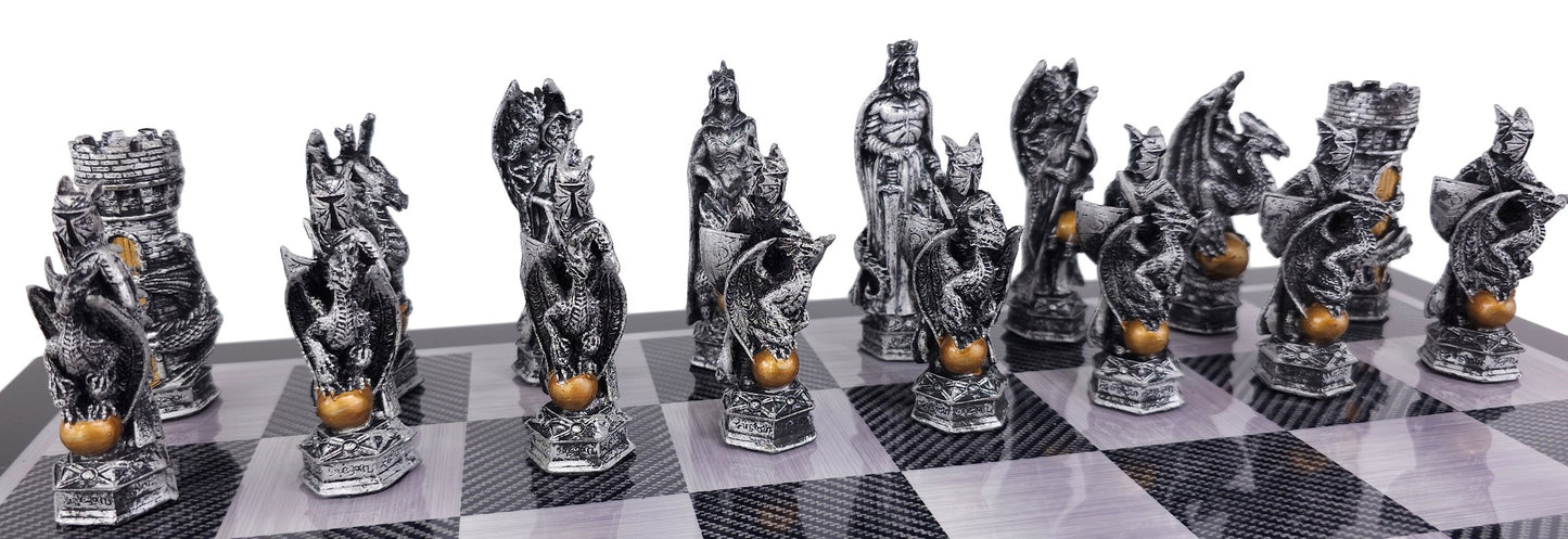 King Arthur Dragon Medieval Times Chess Set 18" Black & Carbon Fiber Color Board