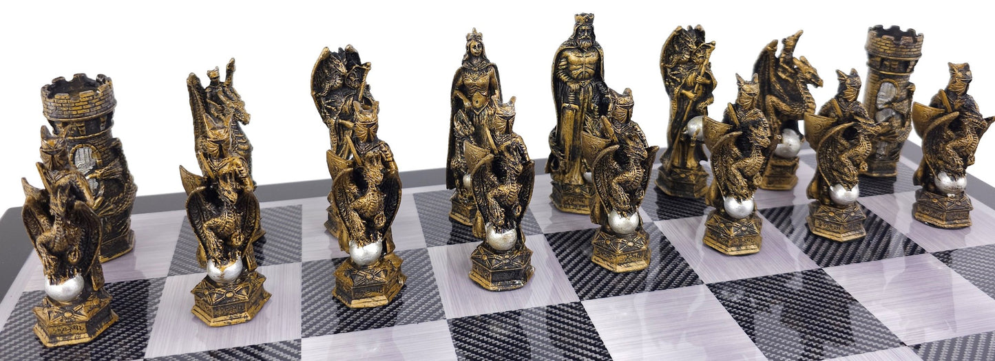 King Arthur Dragon Medieval Times Chess Set 18" Black & Carbon Fiber Color Board