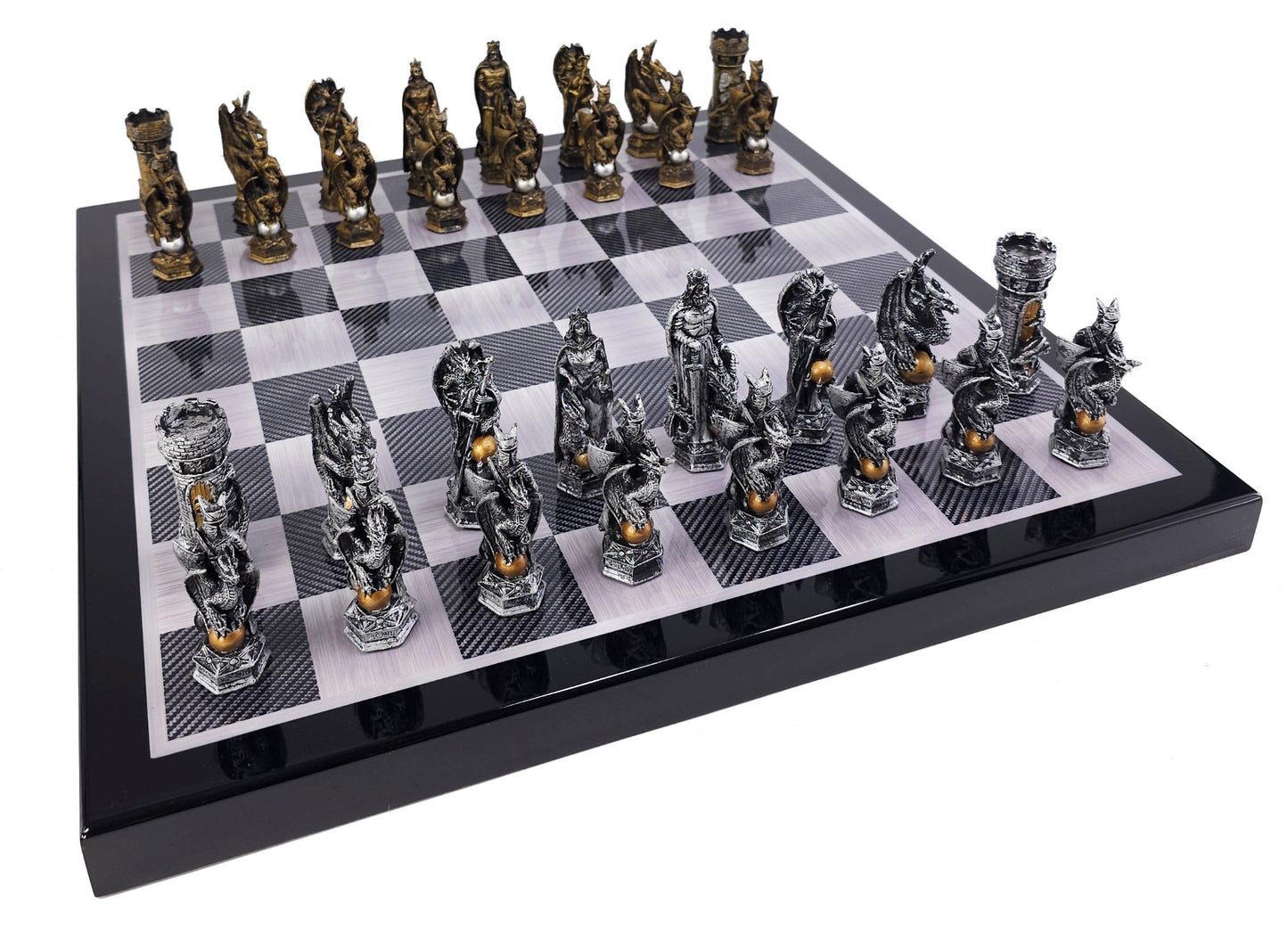 King Arthur Dragon Medieval Times Chess Set 18" Black & Carbon Fiber Color Board