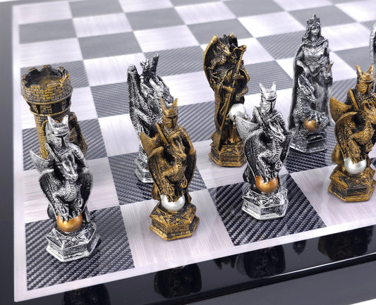 King Arthur Dragon Medieval Times Chess Set 18" Black & Carbon Fiber Color Board