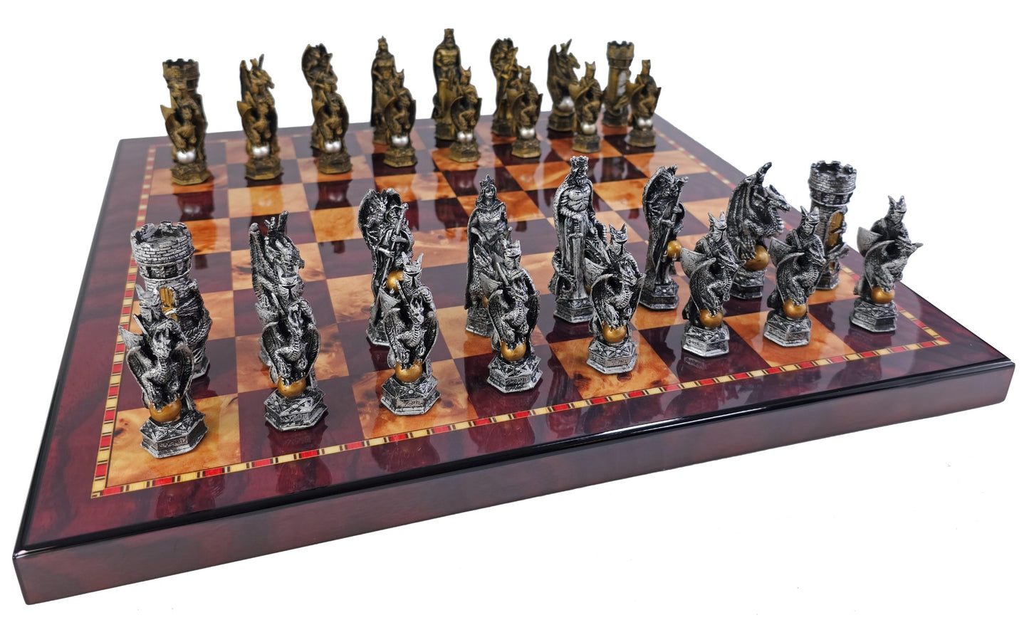 King Arthur Dragon Medieval Times Chess Men Set with 18" Cherry Color Board