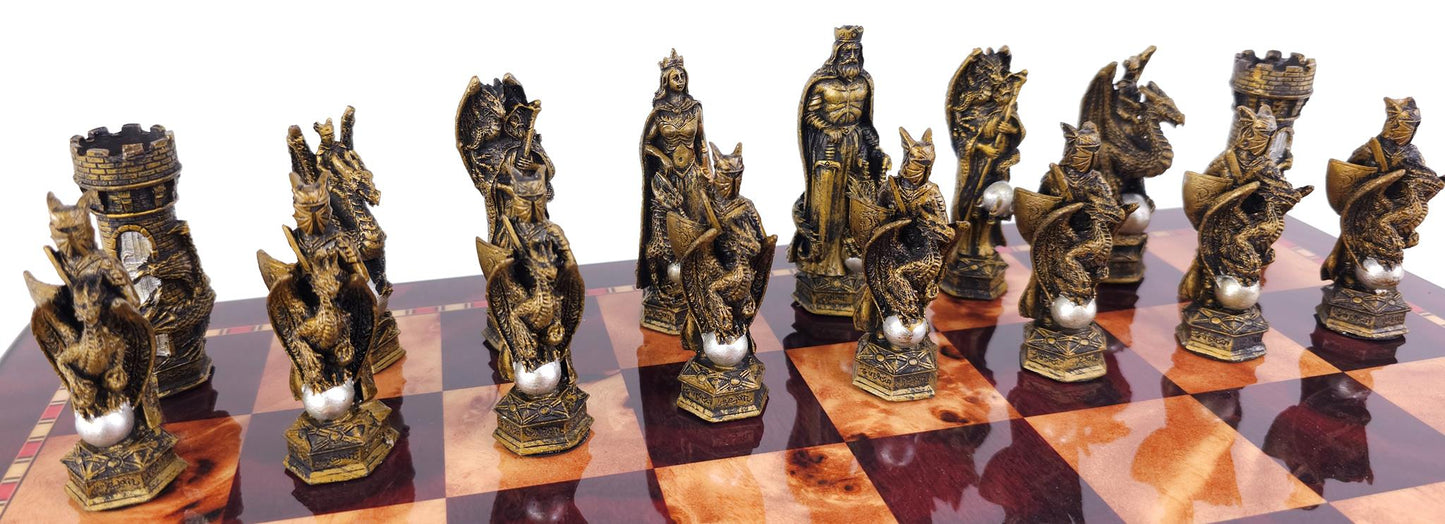 King Arthur Dragon Medieval Times Chess Men Set with 18" Cherry Color Board