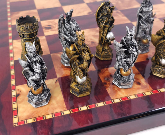 King Arthur Dragon Medieval Times Chess Men Set with 18" Cherry Color Board