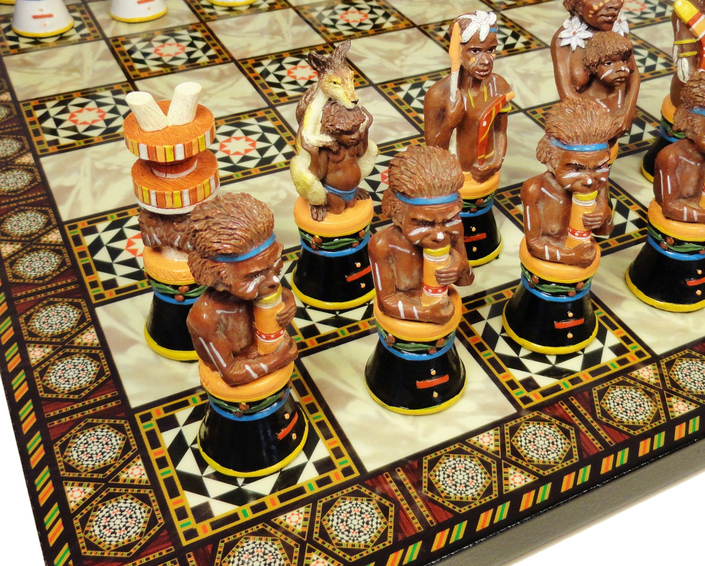 AUSTRALIAN ABORIGINES TRIBE CHESS SET W/ 14" Mosaic Color Board ABORIGINAL