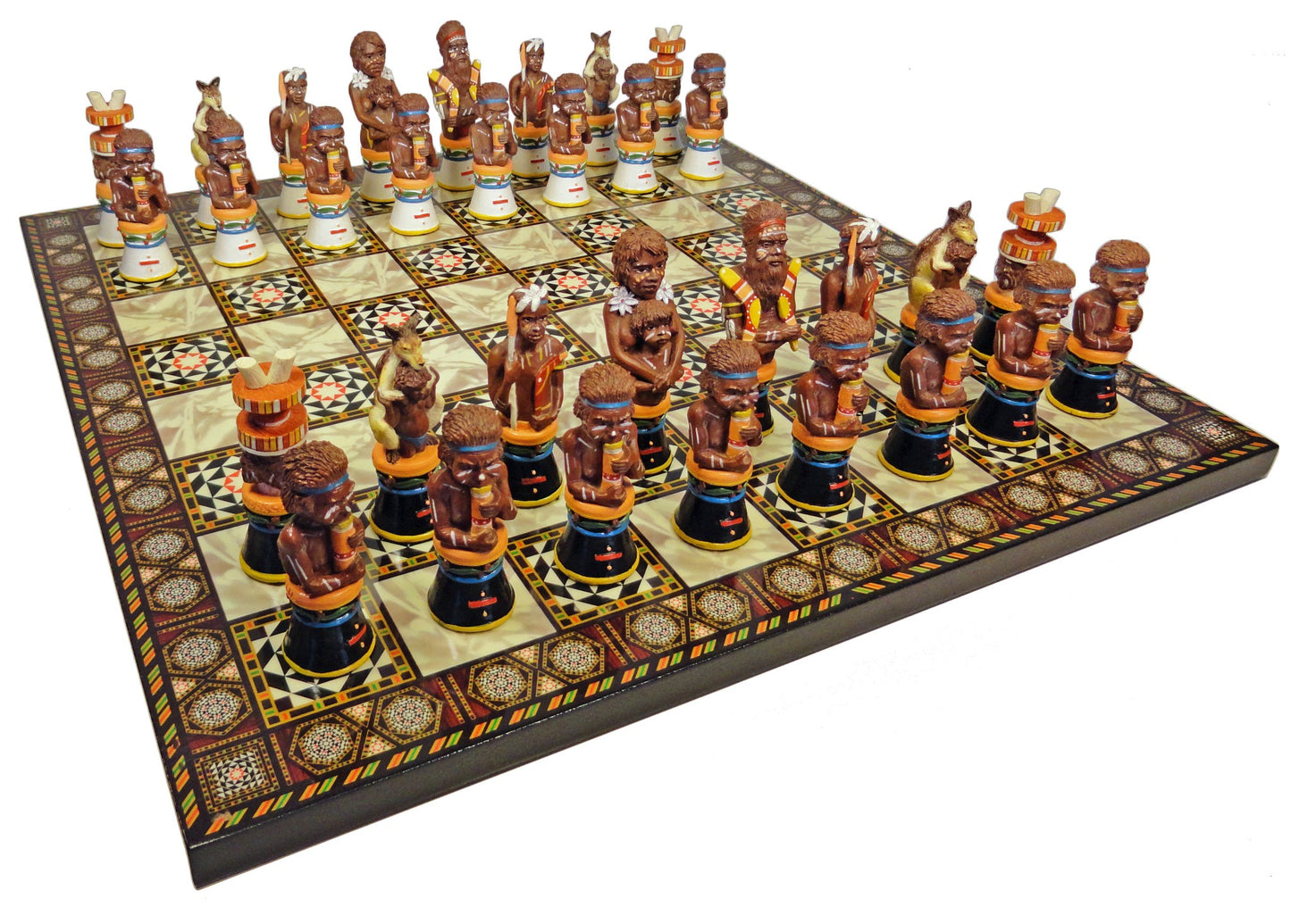 AUSTRALIAN ABORIGINES TRIBE CHESS SET W/ 14" Mosaic Color Board ABORIGINAL