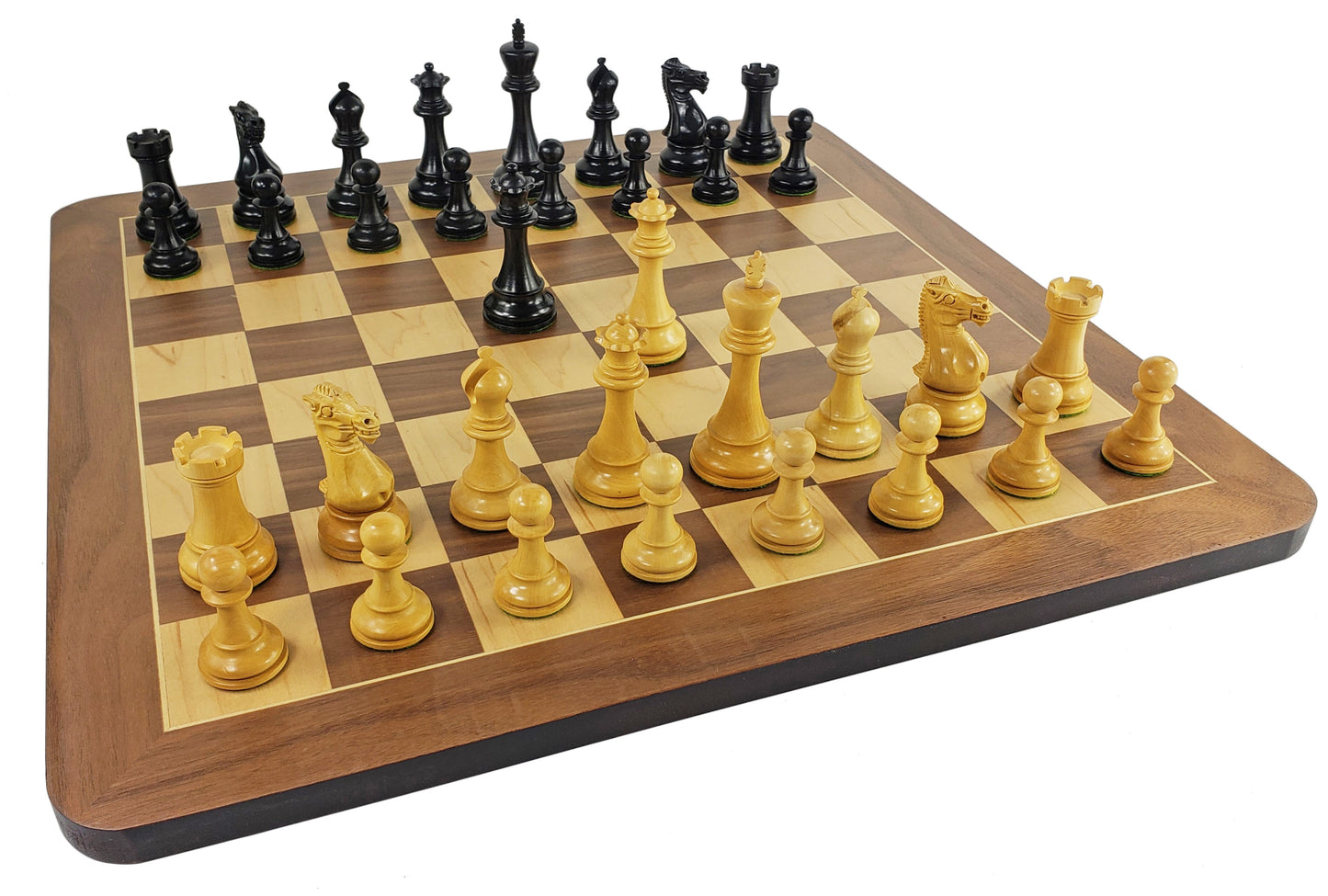 4 QNS Black & Natural 3 3/4" Anderssen Staunton Wood Chess Set 19" Walnut Board