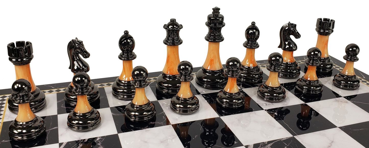Staunton Chrome & Black Plastic Chess Set w/ 17" Black Faux Marble Storage Board