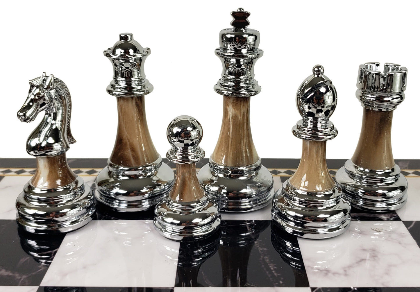 Staunton Chrome & Black Plastic Chess Set w/ 17" Black Faux Marble Storage Board