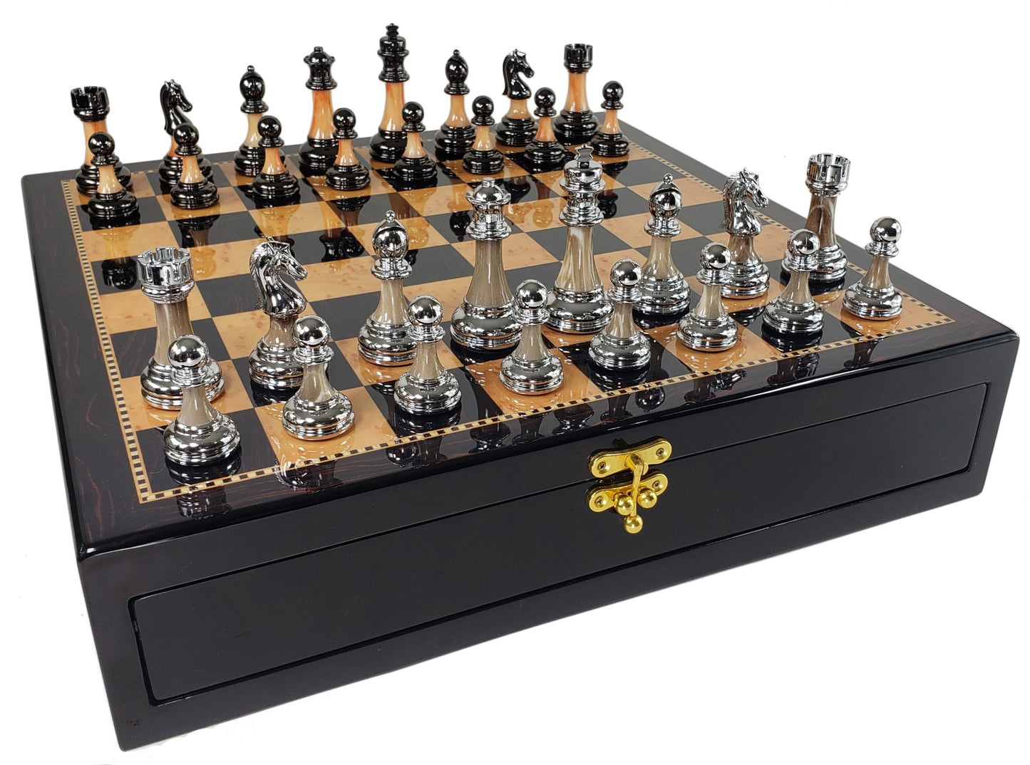 Staunton Chrome & Black Pro Plastic Chess Men Set DK Walnut Color Storage Board
