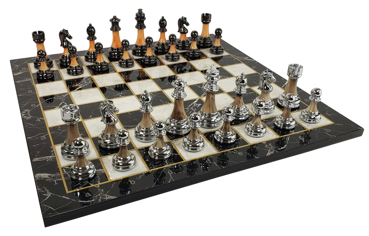 Staunton Chrome & Black Pro Plastic Chess Men Set W 17" Black Faux Marble Board