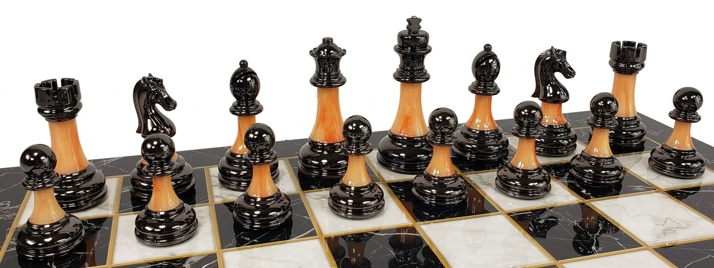 Staunton Chrome & Black Pro Plastic Chess Men Set W 17" Black Faux Marble Board