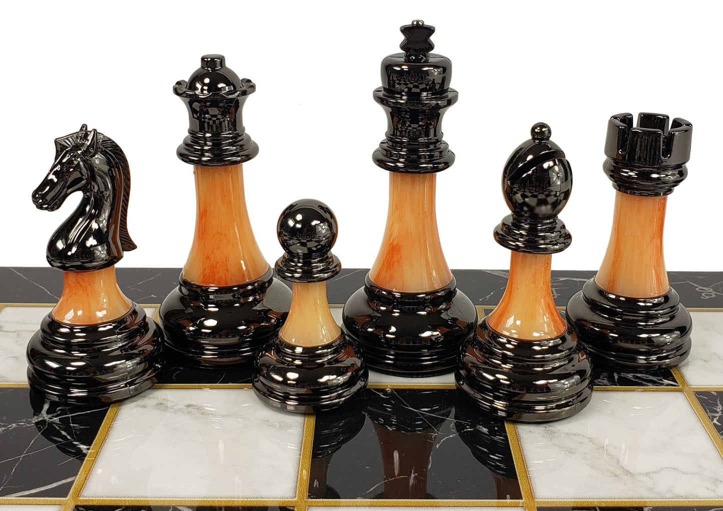Staunton Chrome & Black Pro Plastic Chess Men Set W 17" Black Faux Marble Board
