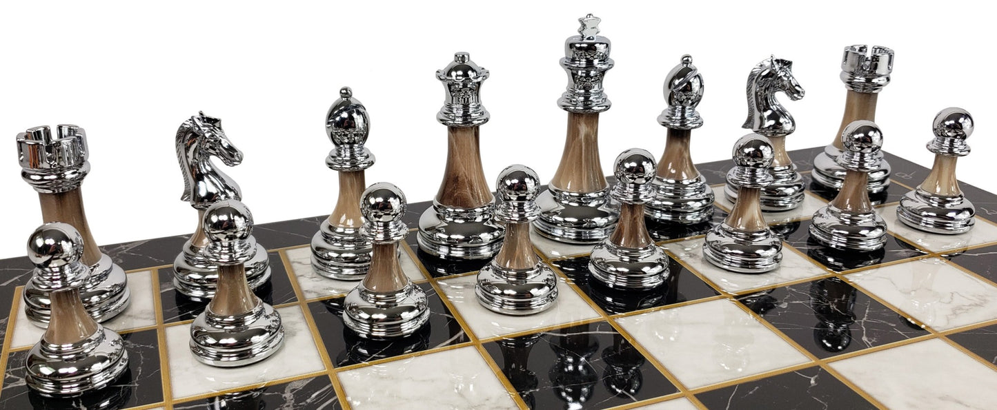 Staunton Chrome & Black Pro Plastic Chess Men Set W 17" Black Faux Marble Board