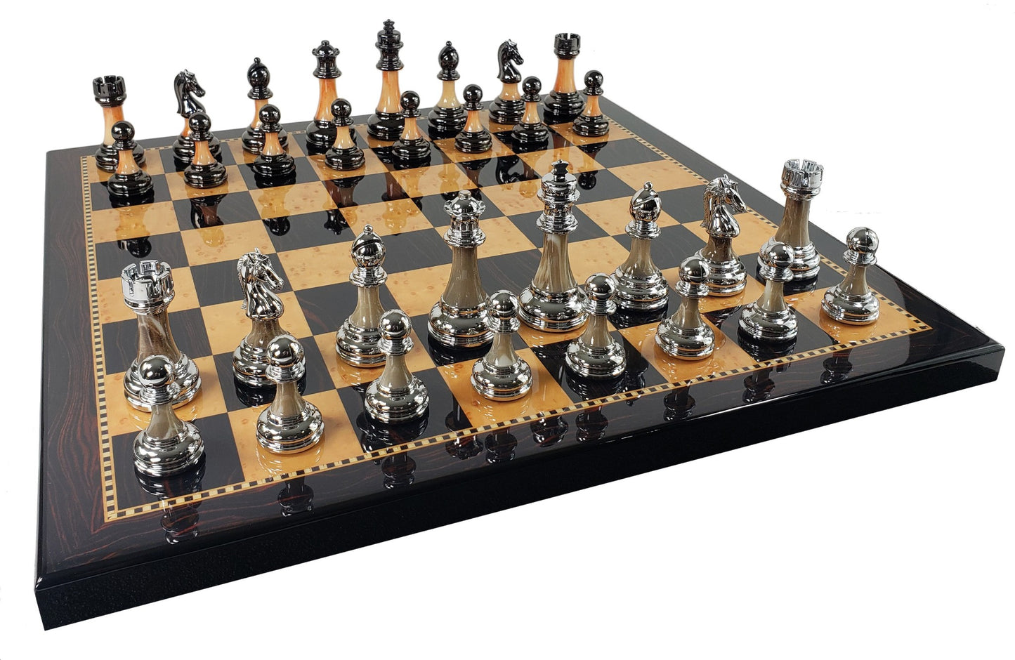 Staunton Chrome & Black Pro Plastic Chess Men Set W 18" Dark Walnut Color Board