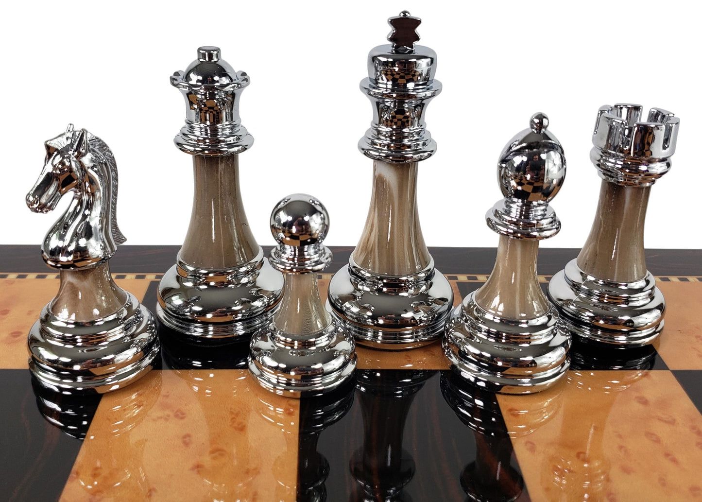 Staunton Chrome & Black Pro Plastic Chess Men Set W 18" Dark Walnut Color Board