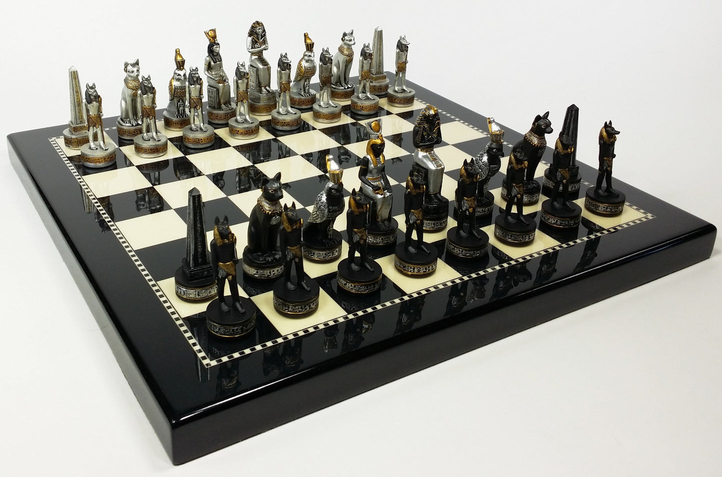 Egyptian Anubis Chess Set Black Silver & Gold W/ 15" Black & White Gloss Board