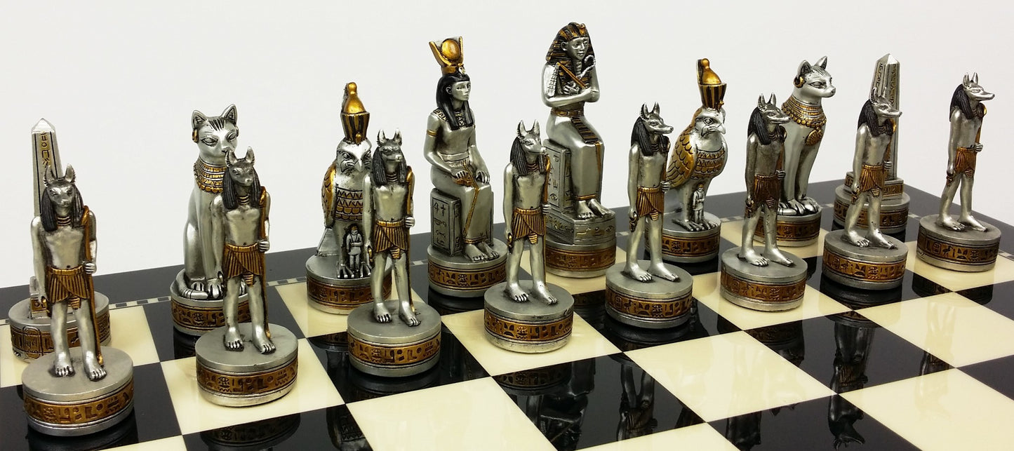 Egyptian Anubis Chess Set Black Silver & Gold W/ 15" Black & White Gloss Board