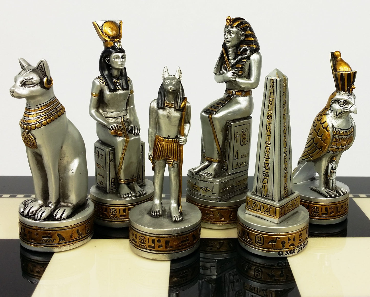 Egyptian Anubis Chess Set Black Silver & Gold W/ 15" Black & White Gloss Board