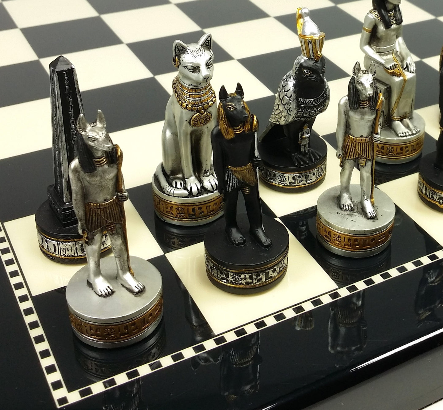 Egyptian Anubis Chess Set Black Silver & Gold W/ 15" Black & White Gloss Board