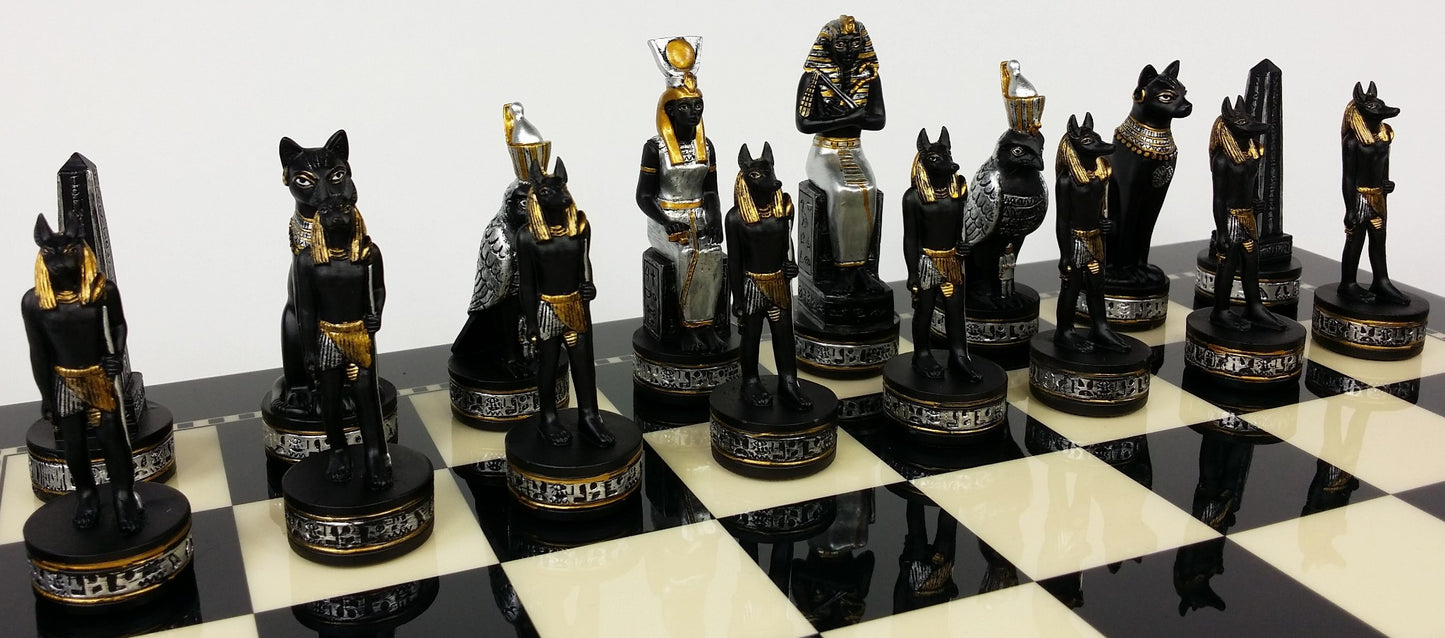Egyptian Anubis Chess Set Black Silver & Gold W/ 15" Black & White Gloss Board