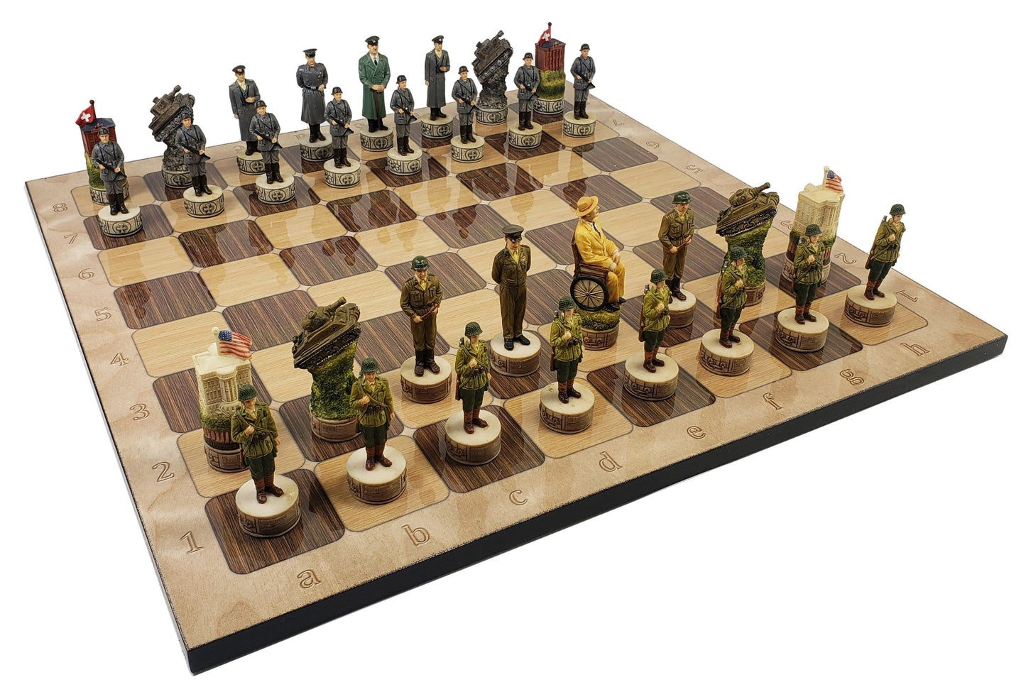 WW2 US vs Germany Chess Set W/ 17" Rustic Maple & Ebony Color Board