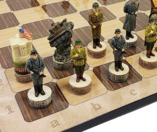 WW2 US vs Germany Chess Set W/ 17" Rustic Maple & Ebony Color Board World War 2