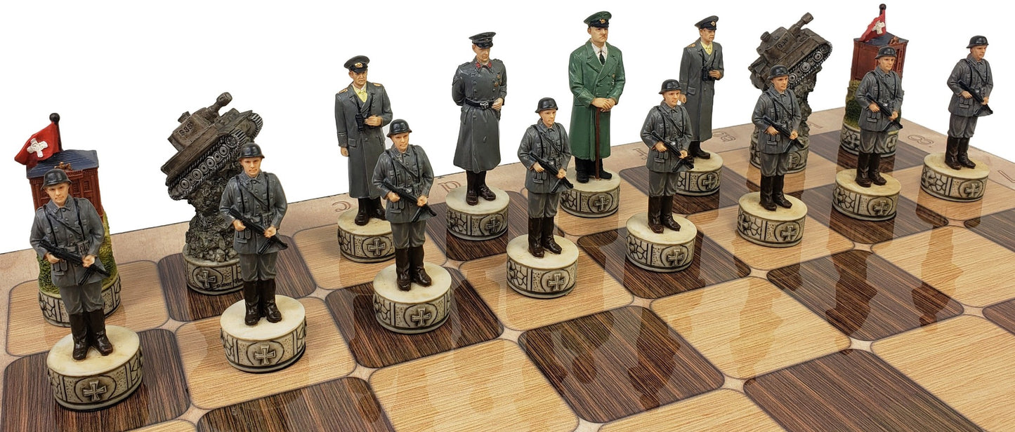 WW2 US vs Germany Chess Set W/ 17" Rustic Maple & Ebony Color Board World War 2