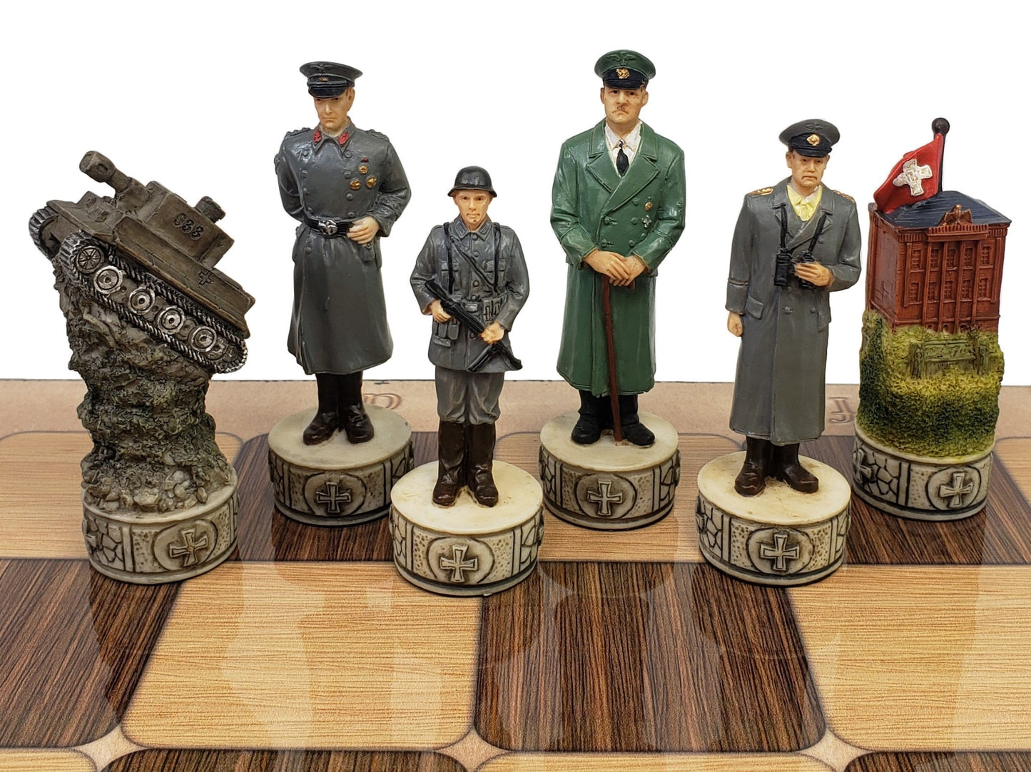WW2 US vs Germany Chess Set W/ 17" Rustic Maple & Ebony Color Board