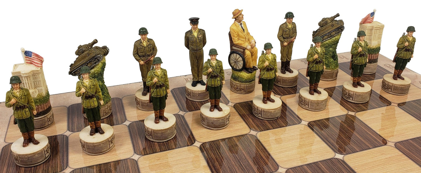 WW2 US vs Germany Chess Set W/ 17" Rustic Maple & Ebony Color Board